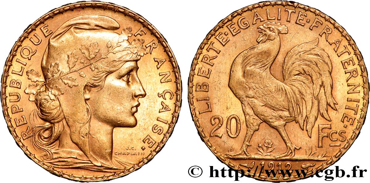20 francs or Coq, Liberté Égalité Fraternité 1912 Paris F.535/6 SUP 