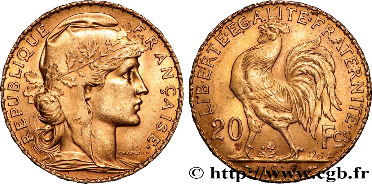 20 francs or Coq, Liberté Égalité Fraternité 1912 Paris F.535/6 SUP+ 