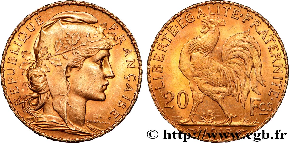 20 francs or Coq, Liberté Égalité Fraternité 1913 Paris F.535/7 SUP 