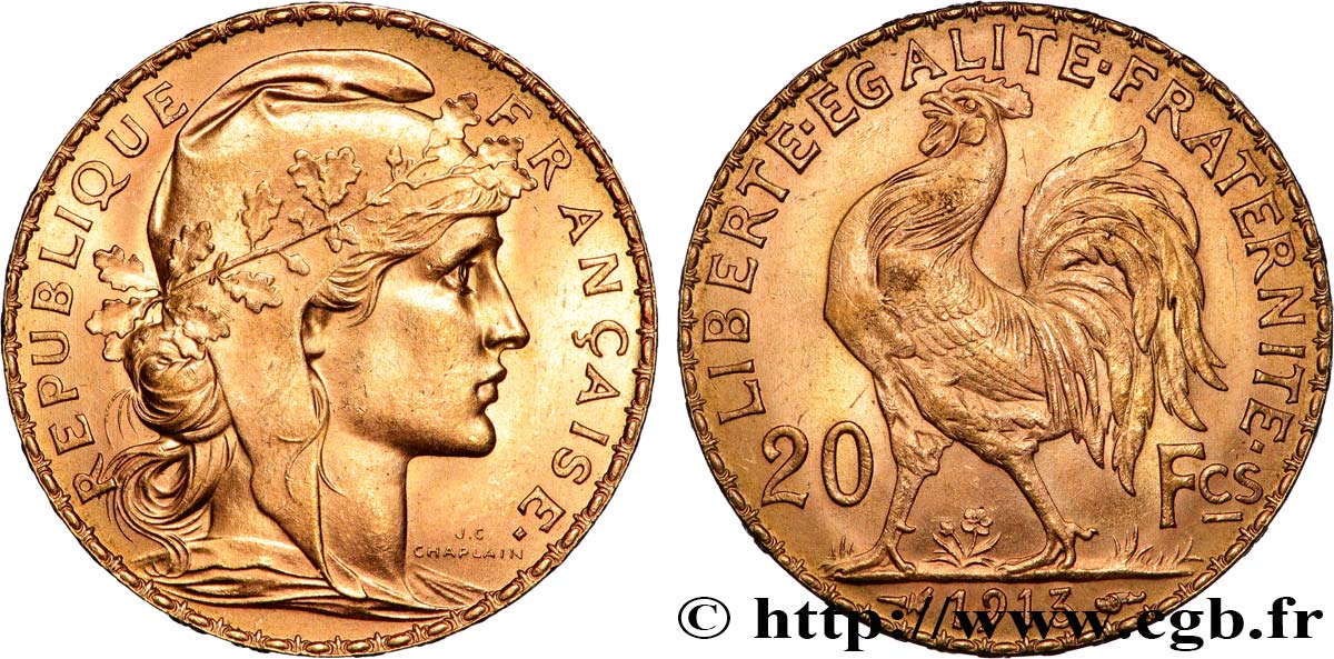 20 francs or Coq, Liberté Égalité Fraternité 1913 Paris F.535/7 MS 