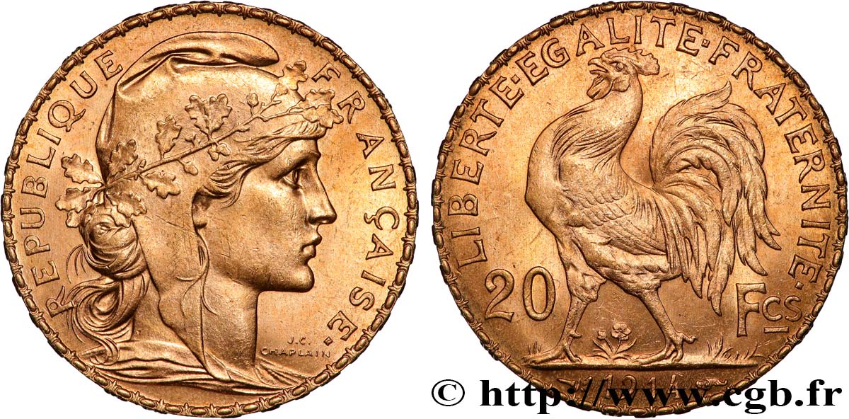 20 francs or Coq, Liberté Égalité Fraternité 1914 Paris F.535/8 SUP+ 