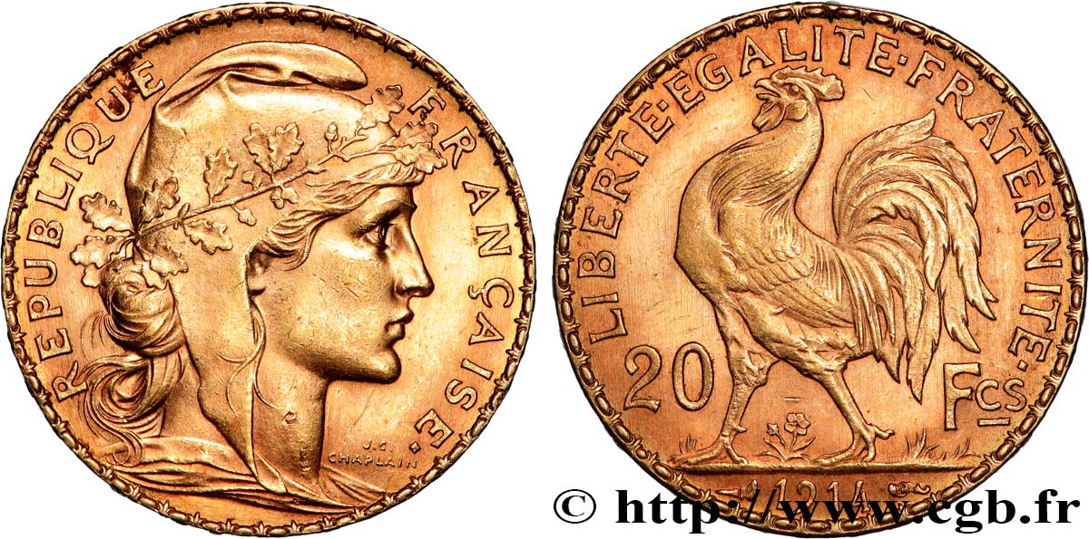 20 francs or Coq, Liberté Égalité Fraternité 1914 Paris F.535/8 MS 