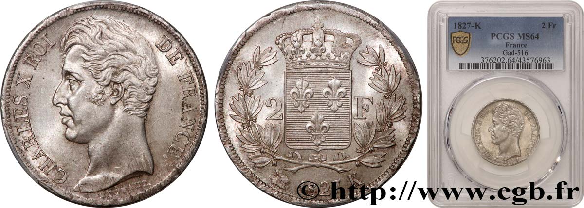 2 francs Charles X 1827 Bordeaux F.258/30 MS64 PCGS