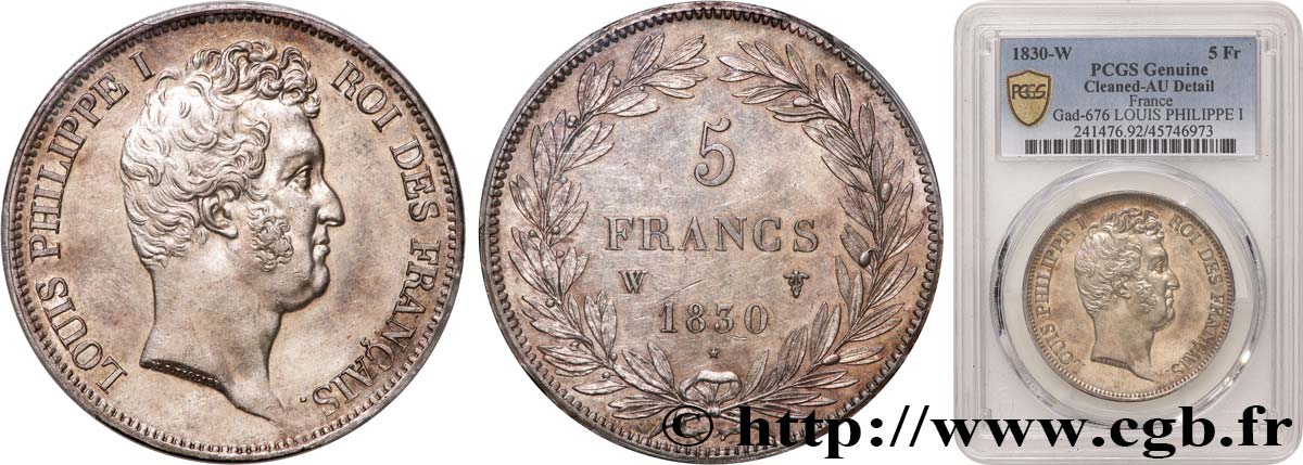 5 francs type Tiolier avec le I, tranche en creux 1830 Lille F.315/13 AU PCGS