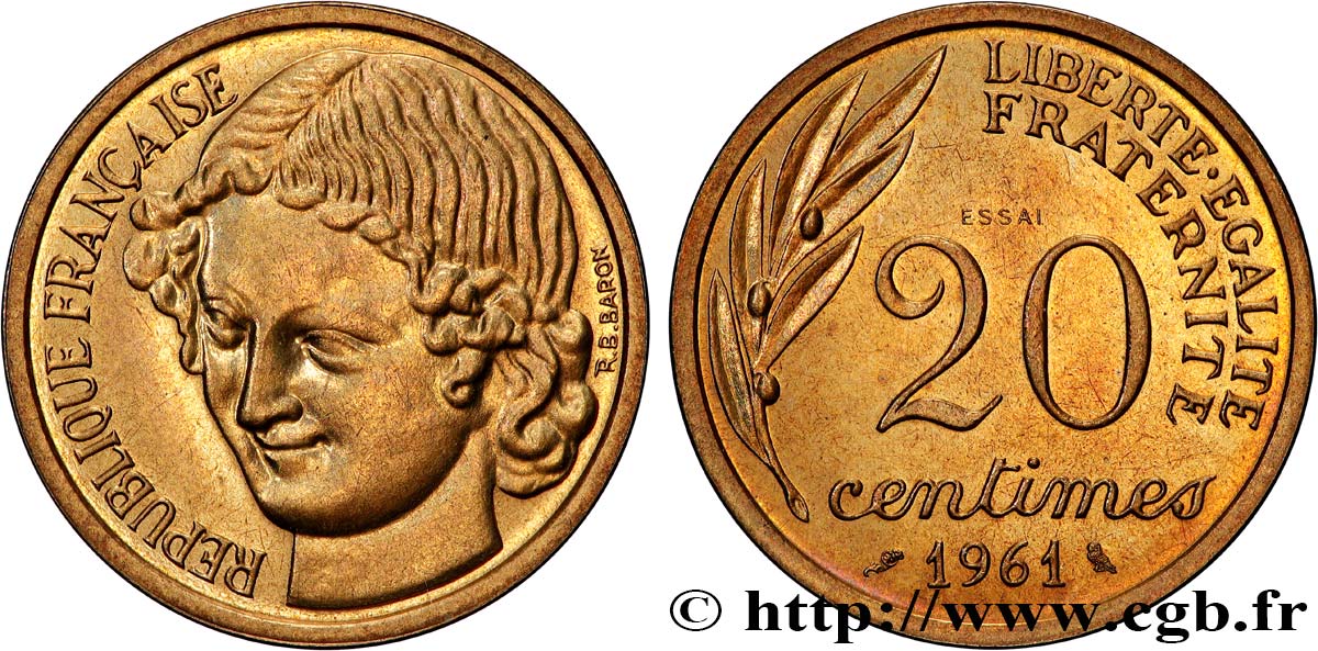 Essai du concours de 20 centimes par Baron 1961 Paris GEM.55 2 MS64 