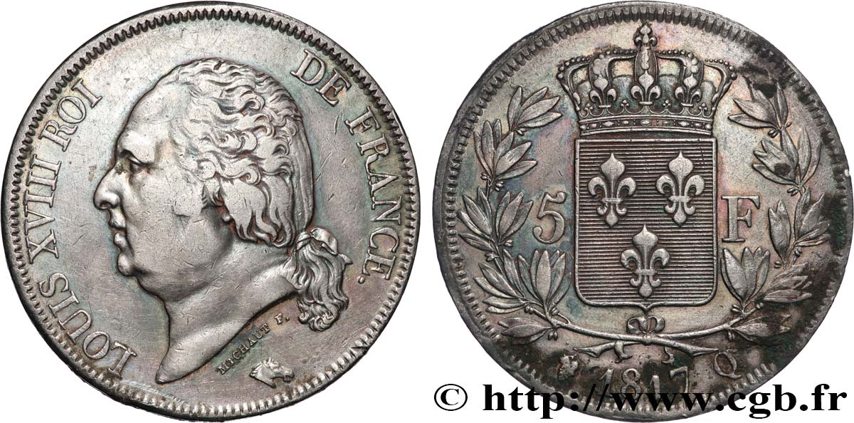 5 francs Louis XVIII, tête nue 1817 Perpignan F.309/25 XF 