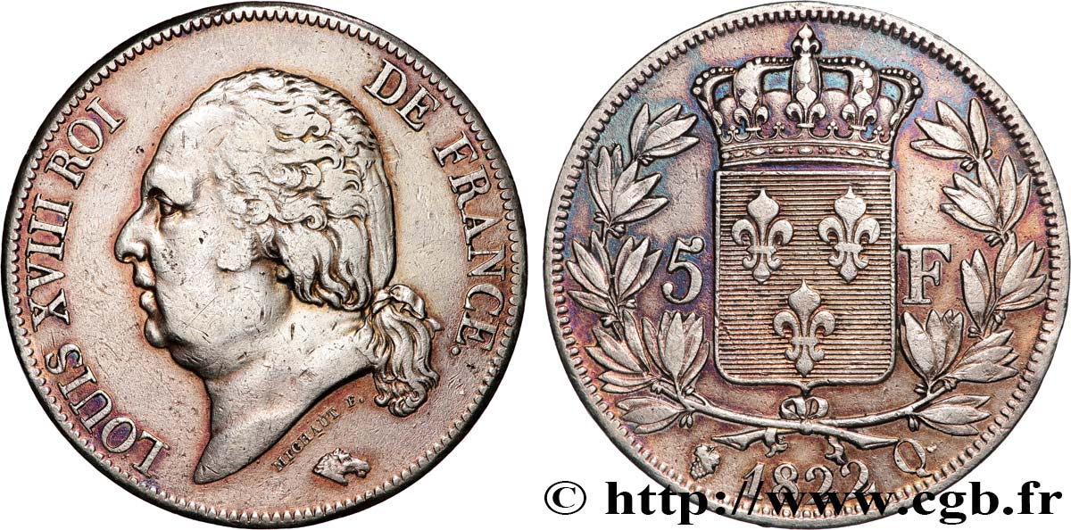 5 francs Louis XVIII, tête nue 1822 Perpignan F.309/74 XF 