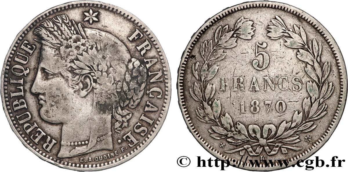 5 francs Cérès, sans légende 1870 Bordeaux F.332/3 fSS 