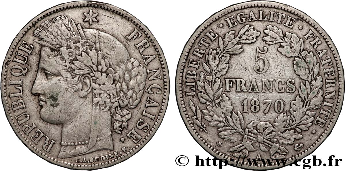 5 francs Cérès, avec légende 1870 Paris F.333/1 q.BB 