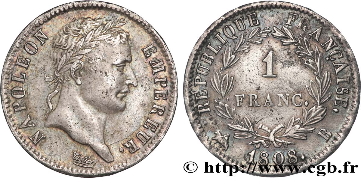 1 franc Napoléon Ier tête laurée, République française 1808 Rouen F.204/3 TTB 