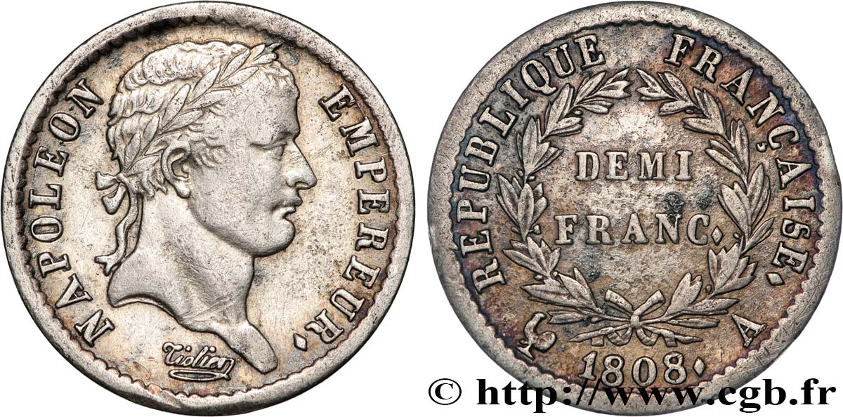 Demi-franc Napoléon Ier tête laurée, République française 1808 Paris F.177/2 VF 