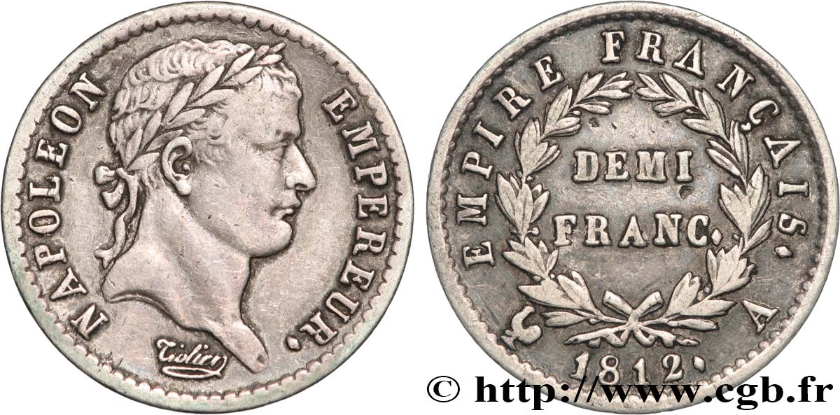 Demi-franc Napoléon Ier tête laurée, Empire français 1812 Paris F.178/35 VF 