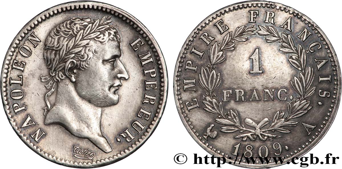 1 franc Napoléon Ier tête laurée, Empire français 1809 Paris F.205/1 fVZ 