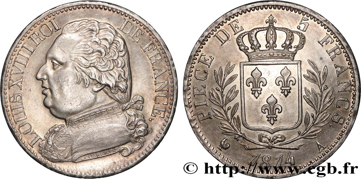 5 francs Louis XVIII, buste habillé 1814 Paris F.308/1 AU 