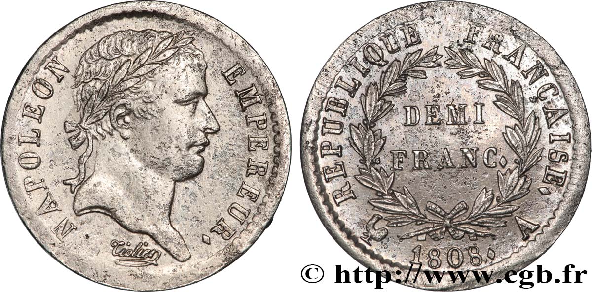 Demi-franc Napoléon Ier tête laurée, République française 1808 Paris F.177/2 fSS 