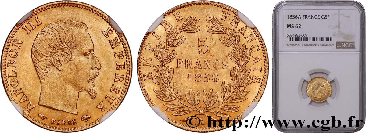 5 francs or Napoléon III, tête nue, grand module 1856 Paris F.501/2 MS62 NGC