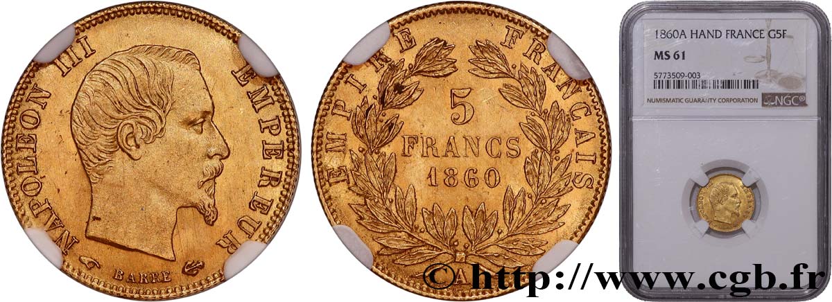 5 francs or Napoléon III, tête nue, grand module 1860 Paris F.501/10 EBC61 NGC