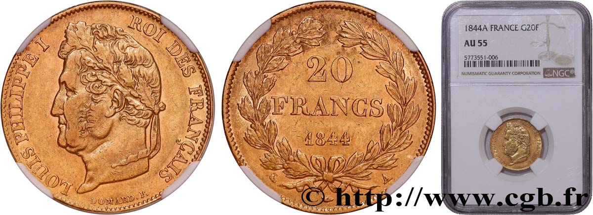 20 francs Louis-Philippe, Domard 1844 Paris F.527/31 VZ55 NGC