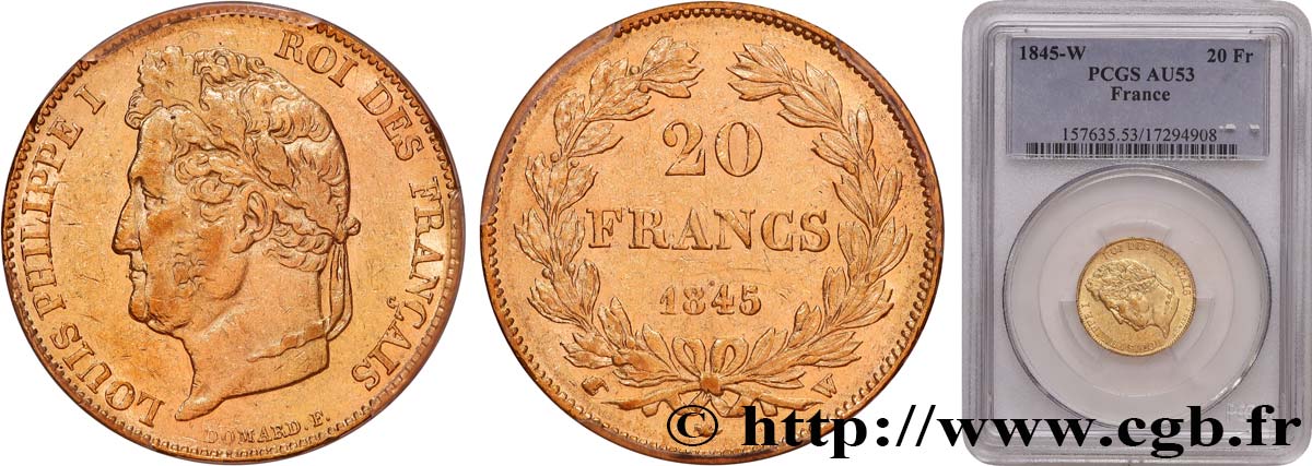 20 francs Louis-Philippe, Domard 1845 Lille F.527/34 SS53 PCGS