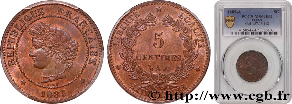 5 centimes Cérès 1885 Paris F.118/27 fST64 PCGS