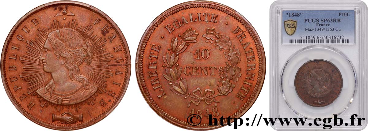 Concours de 10 centimes, essai de Pillard 1848 Paris Maz.1349 avers MS63 PCGS