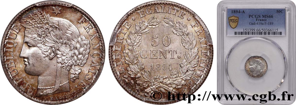 50 centimes Cérès, IIIe République 1894 Paris F.189/15 MS66 PCGS