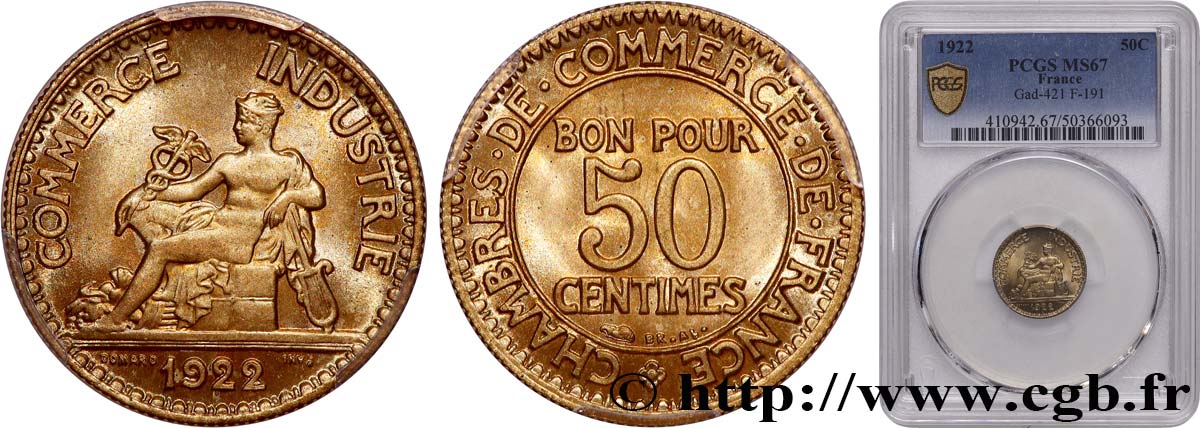 50 centimes Chambres de Commerce 1922 Paris F.191/4 ST67 PCGS