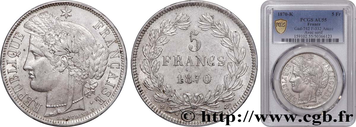 5 francs Cérès, sans légende 1870 Bordeaux F.332/2 AU55 PCGS