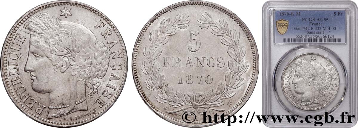 5 francs Cérès, sans légende 1870 Bordeaux F.332/3 VZ55 PCGS