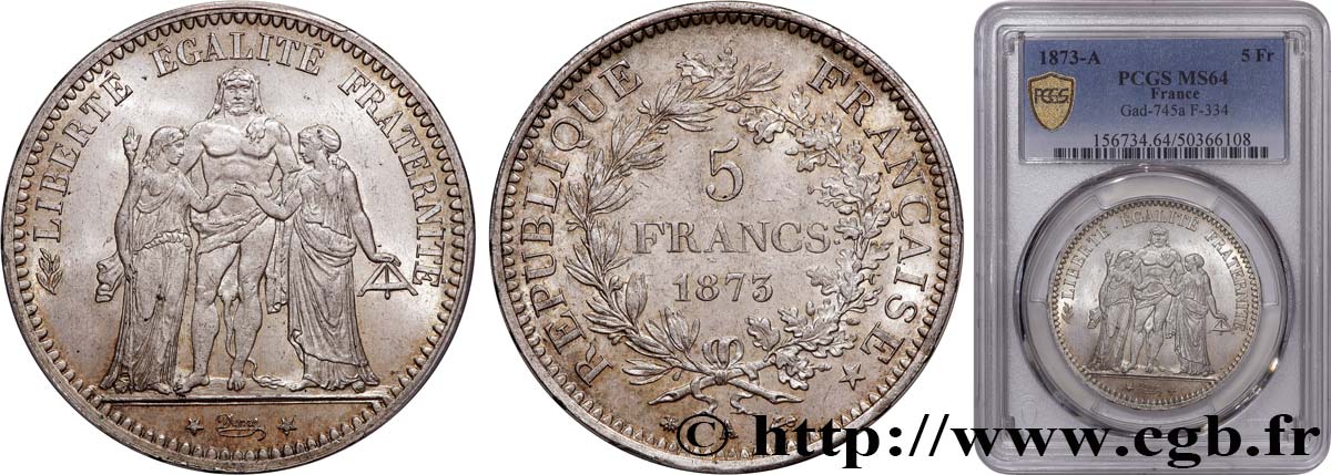 5 francs Hercule 1873 Paris F.334/9 SPL64 PCGS