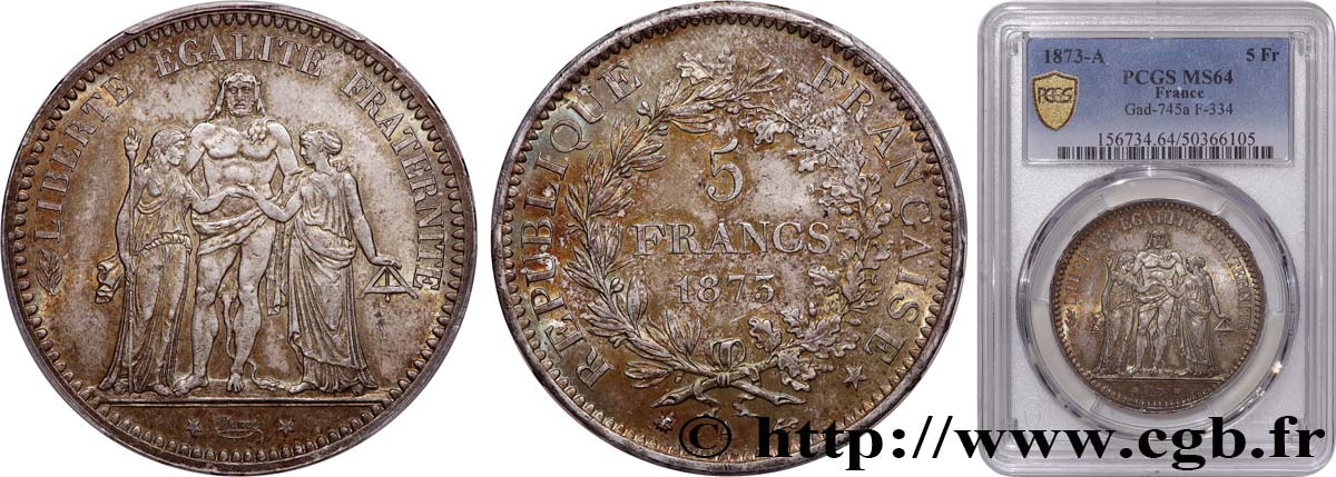 5 francs Hercule 1873 Paris F.334/9 SC64 PCGS