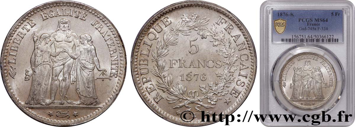 5 francs Hercule 1876 Bordeaux F.334/18 fST64 PCGS