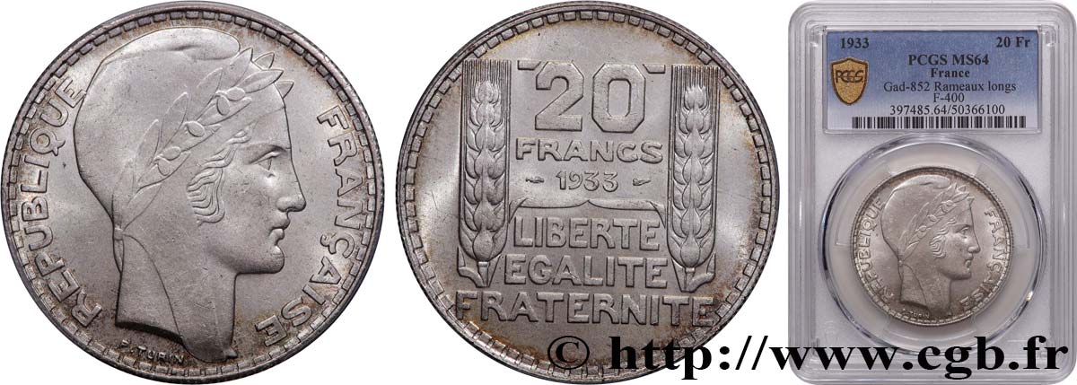 20 francs Turin, Rameaux Longs 1933  F.400/5 SC64 PCGS