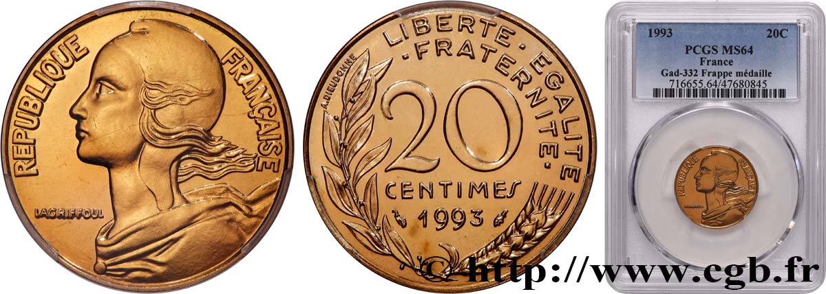 20 centimes Marianne, BU (Brillant Universel), frappe médaille 1993 Pessac F.156/36 SC64 PCGS