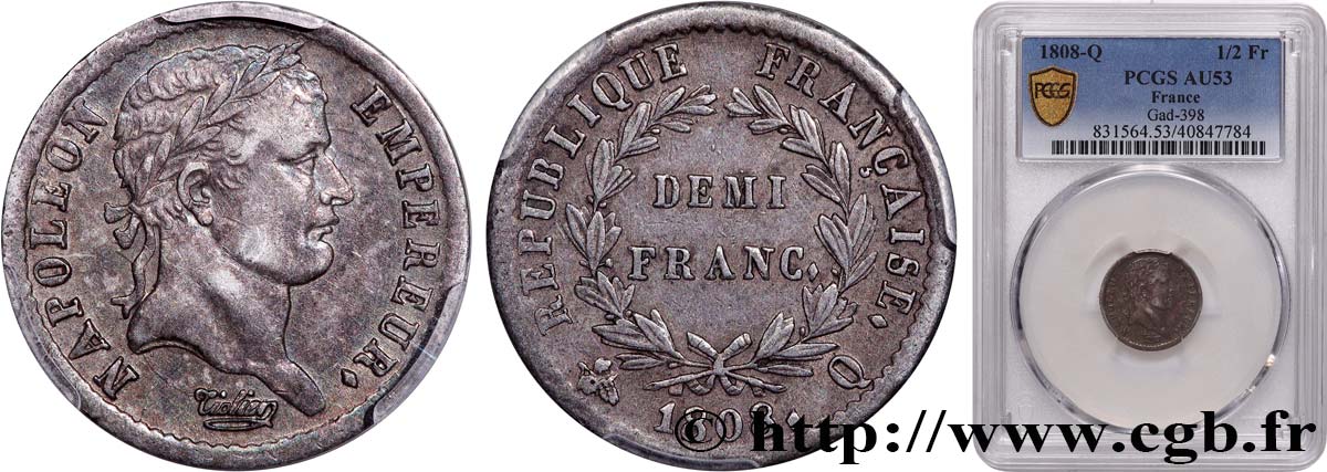 Demi-franc Napoléon Ier tête laurée, République française, buste fin 1808 Perpignan F.177/13 SS53 PCGS