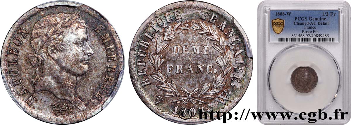 Demi-franc Napoléon Ier tête laurée, République française 1808 Lille F.177/16 AU PCGS