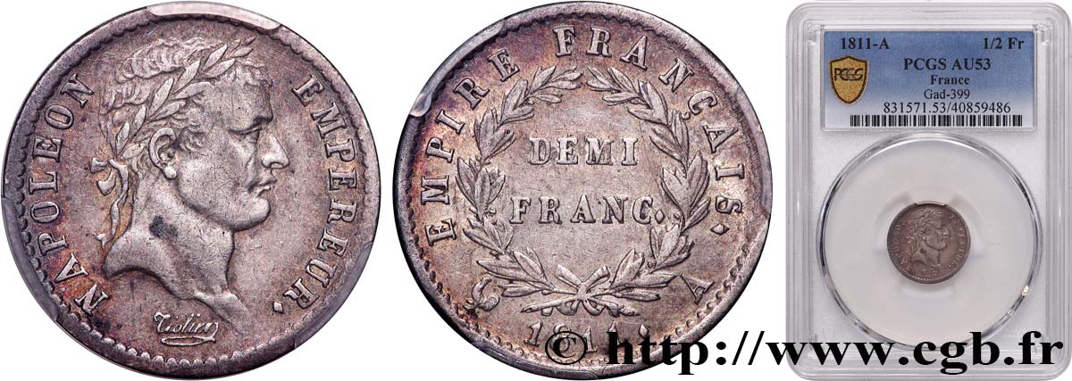 Demi-franc Napoléon Ier tête laurée, Empire français 1811 Paris F.178/21 SS53 PCGS