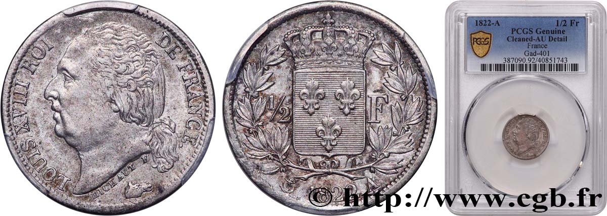 1/2 franc Louis XVIII 1822 Paris F.179/30 MBC+ PCGS