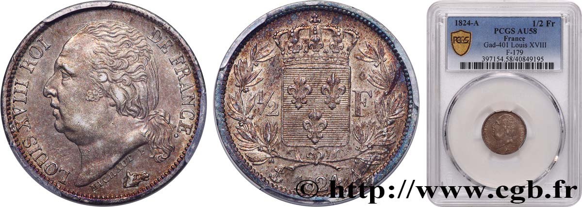 1/2 franc Louis XVIII 1824 Paris F.179/43 SUP58 PCGS