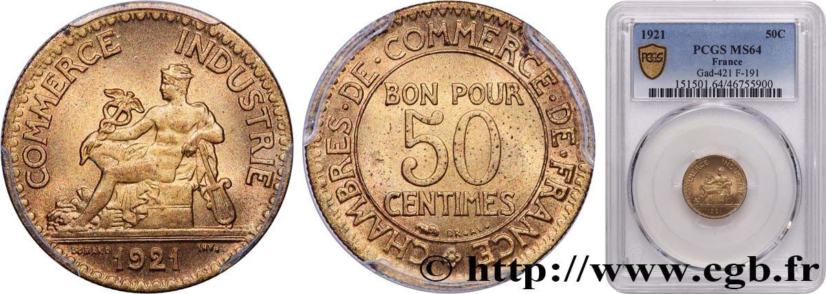 50 centimes Chambres de Commerce 1921 Paris F.191/3 SPL64 PCGS