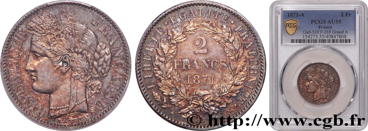 2 francs Cérès, avec légende 1871 Paris F.265/3 SUP55 PCGS