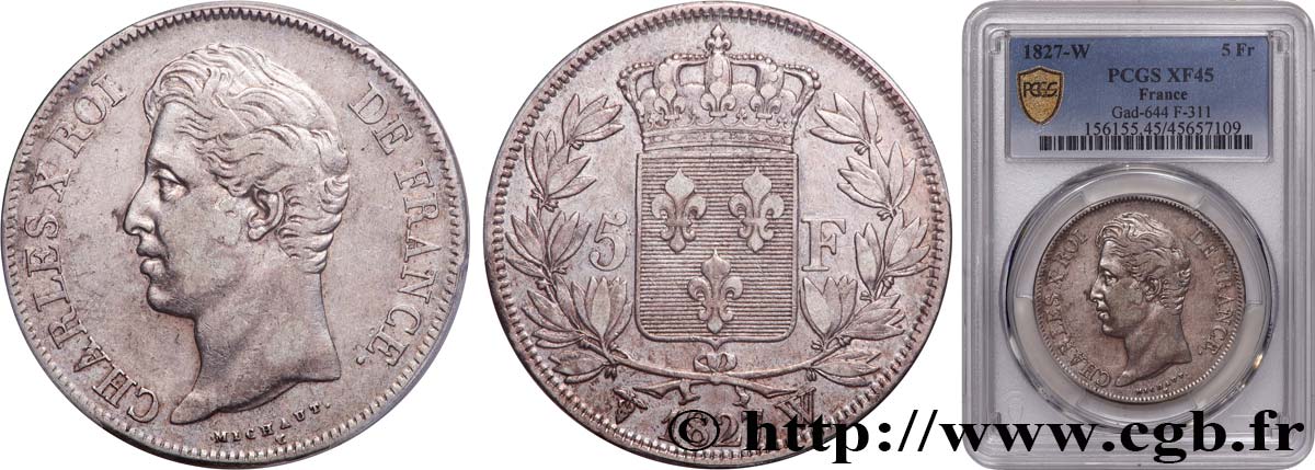 5 francs Charles X, 2e type 1827 Lille F.311/13 XF45 PCGS