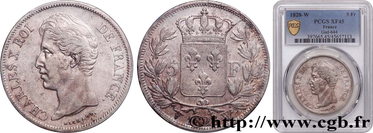 5 francs Charles X, 2e type 1828 Lille F.311/26 BB45 PCGS