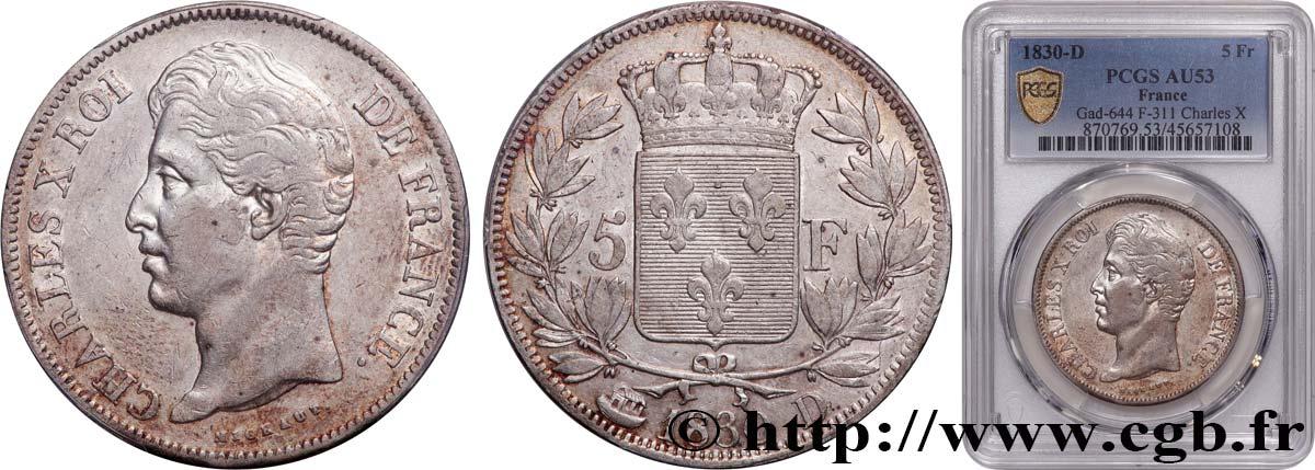 5 francs Charles X, 2e type 1830 Lyon F.311/43 BB53 PCGS