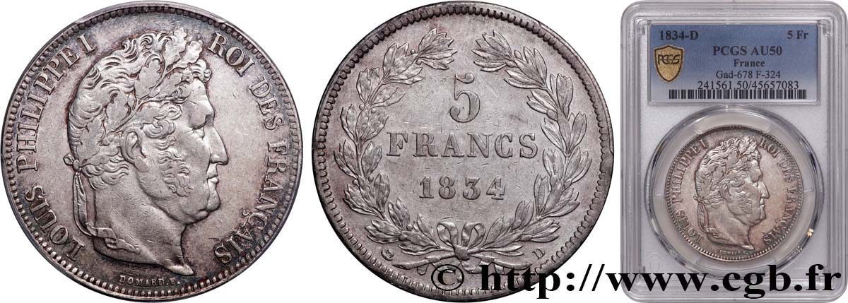 5 francs IIe type Domard 1834 Lyon F.324/32 MBC50 PCGS