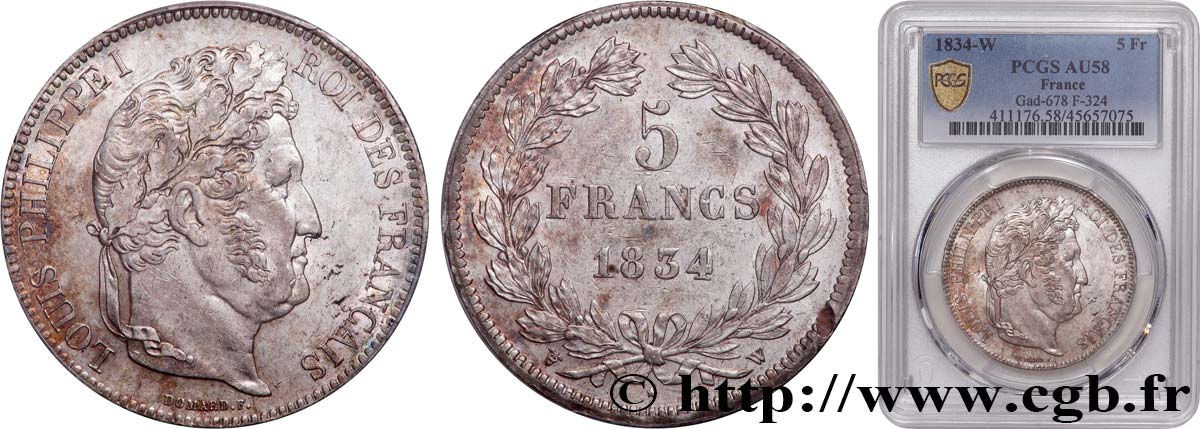 5 francs IIe type Domard 1834 Lille F.324/41 AU58 PCGS