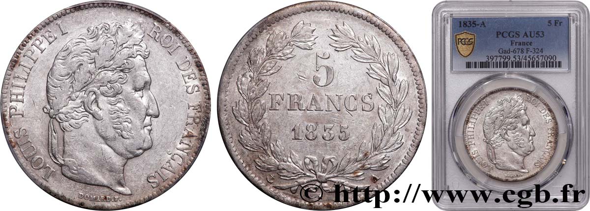 5 francs IIe type Domard 1835 Paris F.324/42 SS53 PCGS