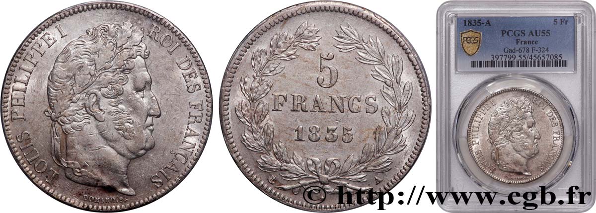 5 francs IIe type Domard 1835 Paris F.324/42 AU55 PCGS