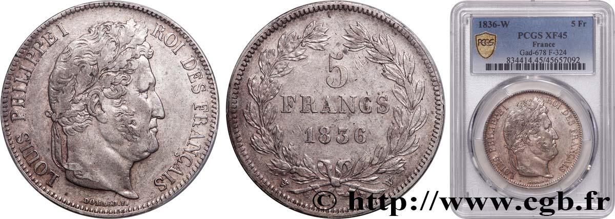 5 francs IIe type Domard 1836 Lille F.324/60 MBC45 PCGS