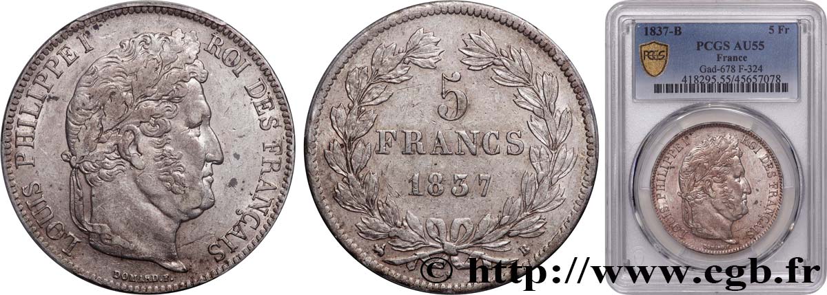 5 francs IIe type Domard 1837 Rouen F.324/62 SUP55 PCGS